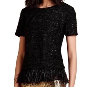 Ann Taylor Black Sequin Short Sleeve Feather Trim Round Neck Shirt Top Size XS